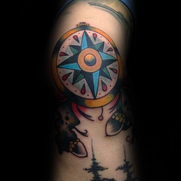 Colorful Guys Traditional Compass Arm Tattoos