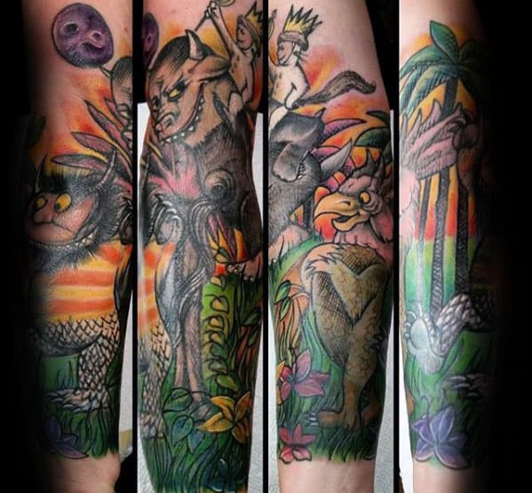 Colorful Guys Where The Wild Things Are Forearm Sleeve Tattoo