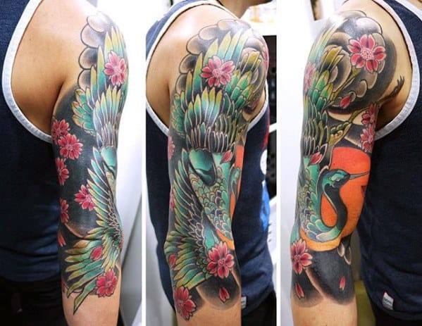 Colorful Half Sleeve Male Heron Tattoo Designs