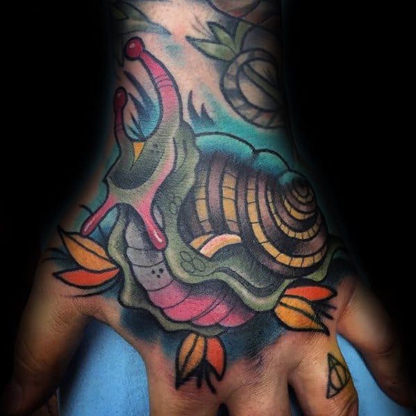 Colorful Hand Male Snail Tattoo Designs