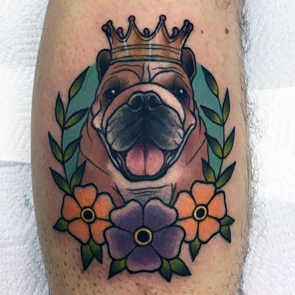 Colorful Happy Bulldog With Flowers Guys Unique Leg Calf Tattoo
