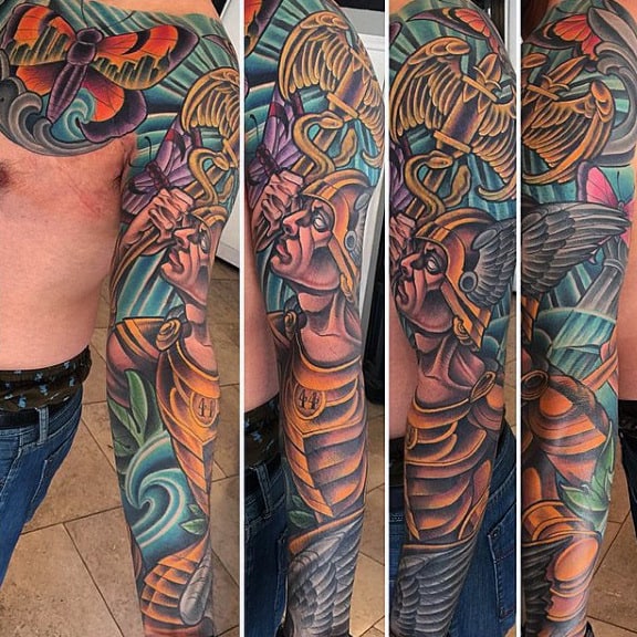 Colorful Hermes Greek Mythology Guys Full Sleeve Tattoos