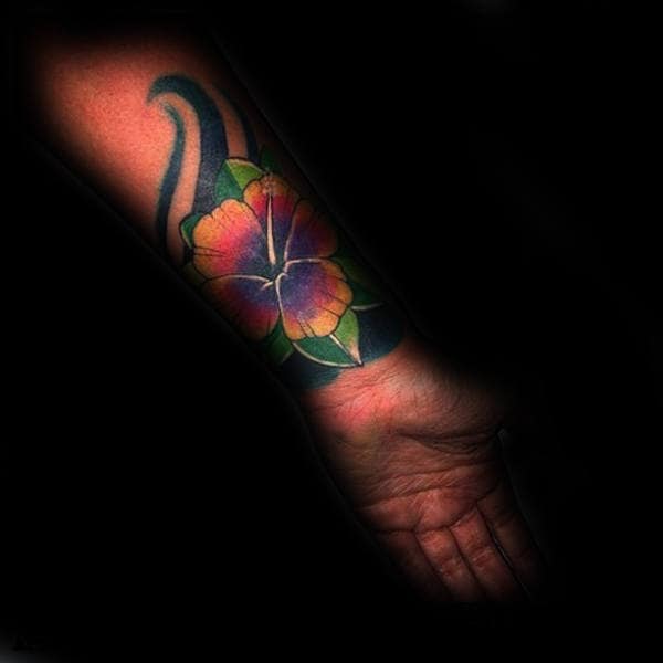 Colorful Hibiscus Male Wrist Tattoos