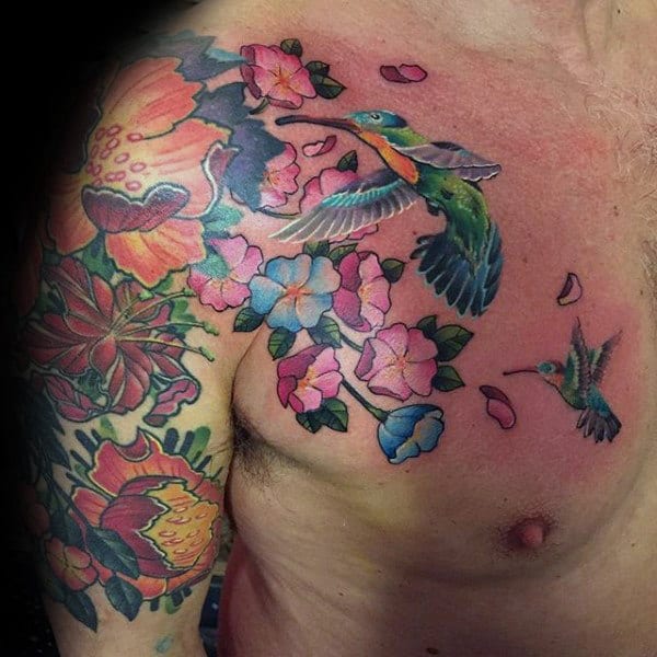 Colorful Hummingbird Flowers Mens Arma Nd Chest Tattoos