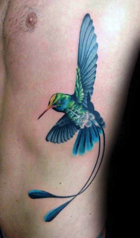 Colorful Hummingbird Male Rib Cage Tattoo Design Inspiration