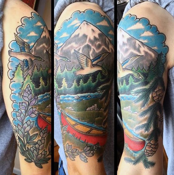 Colorful Illustrative American Traditional Tattoo Of Canoe Mountain And Duck On Mans Arm