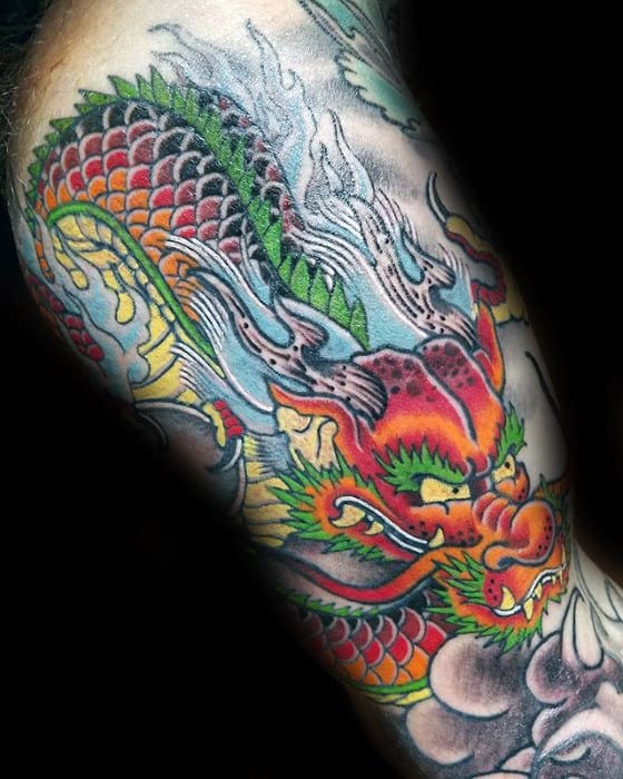 Colorful Inner Arm Guys Dragon Tattoo Ideas