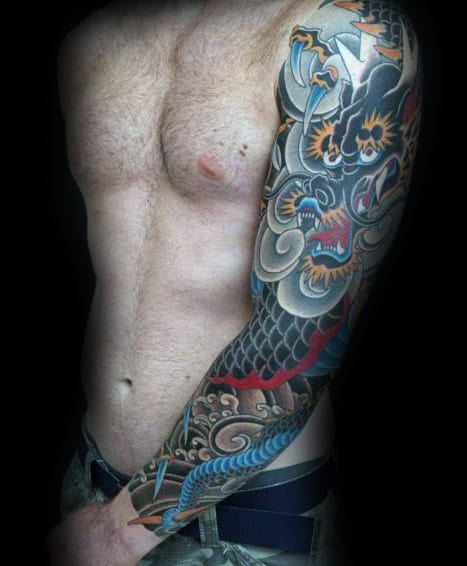 Colorful Japanese Dragon And Cloud Mens Sleeve Tattoo