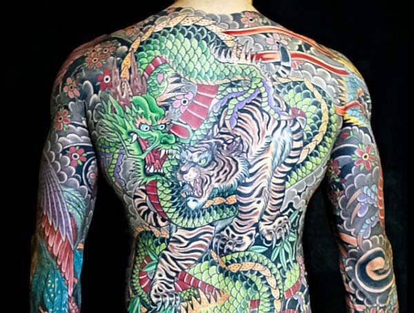 Colorful Japanese dragon and tiger back tattoo