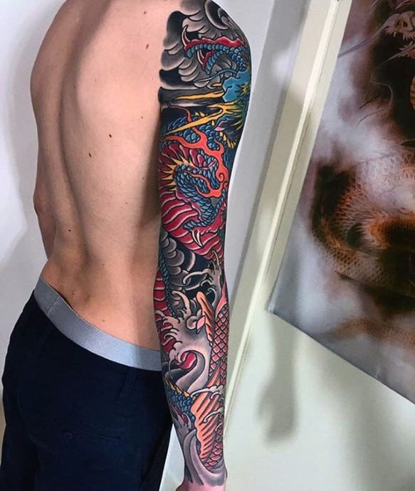 Colorful Japanese Mens Arm Sleeve Dragon Tattoo Ideas