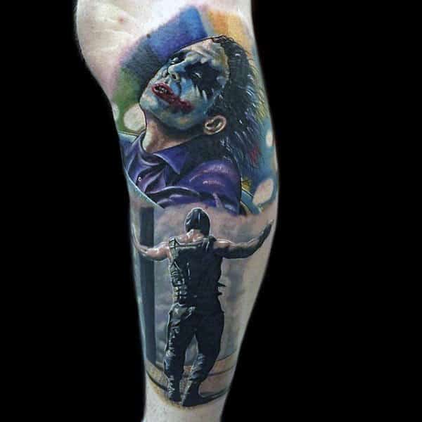 Colorful Joker And Bane Male Lower Leg Sleeve Tattoos