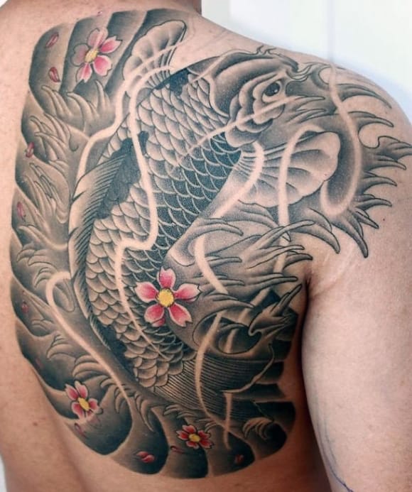 Colorful Koi Fish Men's Tattoos On Back