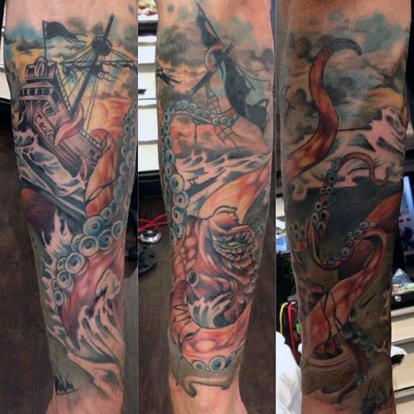 Colorful Kraken Attacking Sailing Ship In Water Tattoos For Men On Forearm