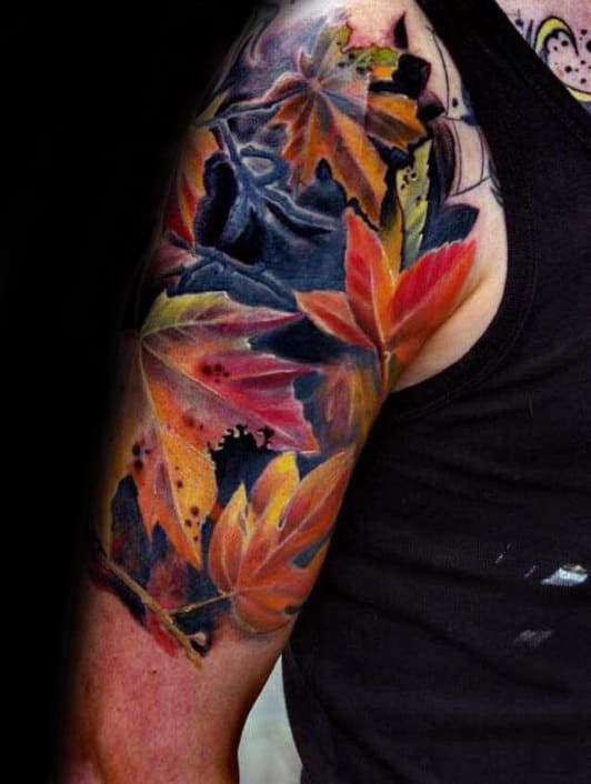 Colorful Leaves Mens Fall Half Sleeve Tattoos