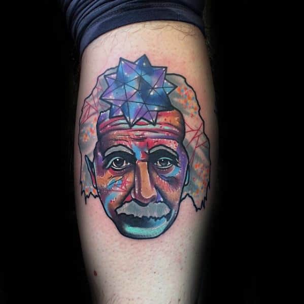 Colorful Leg Calf Albert Einstein Guys Tattoo Designs