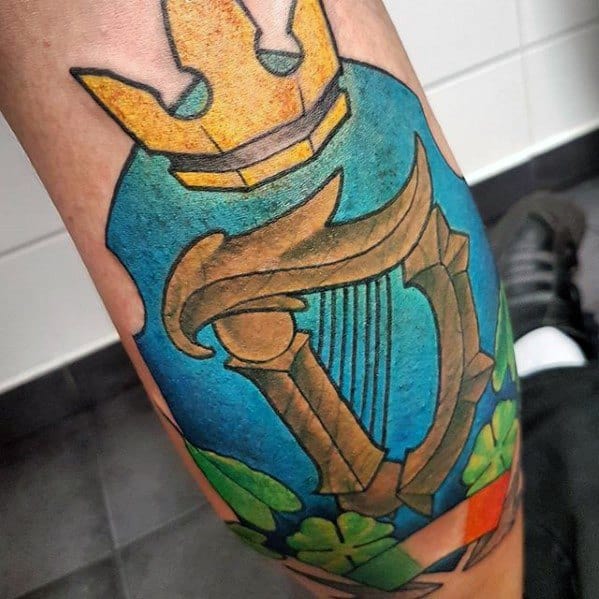 Colorful Leg Calf Distinctive Male Harp Tattoo Designs