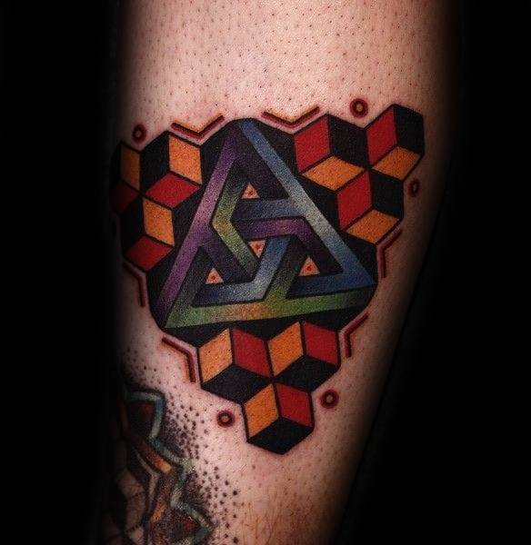 Colorful Leg Penrose Triangle Tattoo