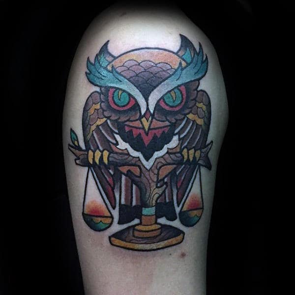 Colorful Libra With Owl Mens Upper Arm Tattoos