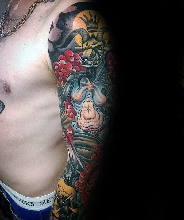 Colorful Male Baphomet Full Sleeve Tattoo Inspiration