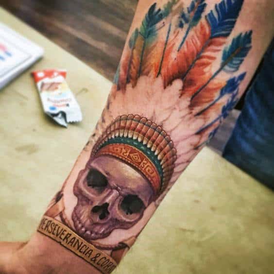 Colorful Male Inner Forearm Indian Skull Tattoo Design Ideas
