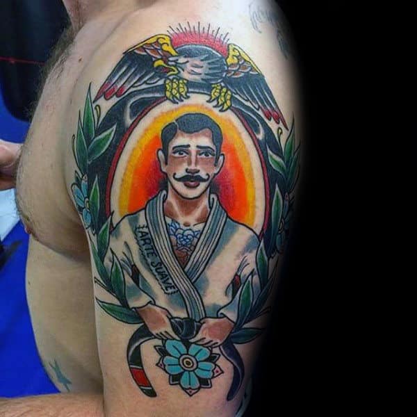 Colorful Male Jiu Jitsu Old School Traditional Arm Tattoo Inspiration