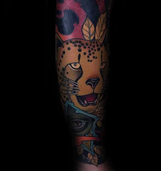 Colorful Male Leopard Forear Sleeve Tattoo Design Ideas