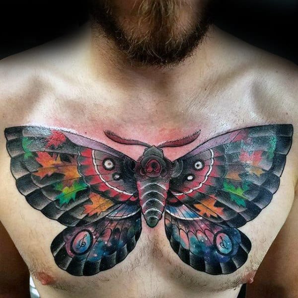 Colorful Moth Chest Tattoo