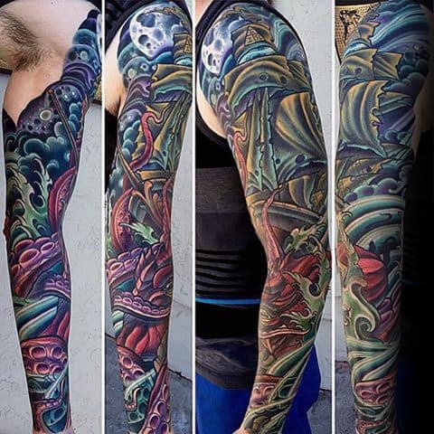 Colorful Male Sailing Ship Unique Sleeve Tattoos