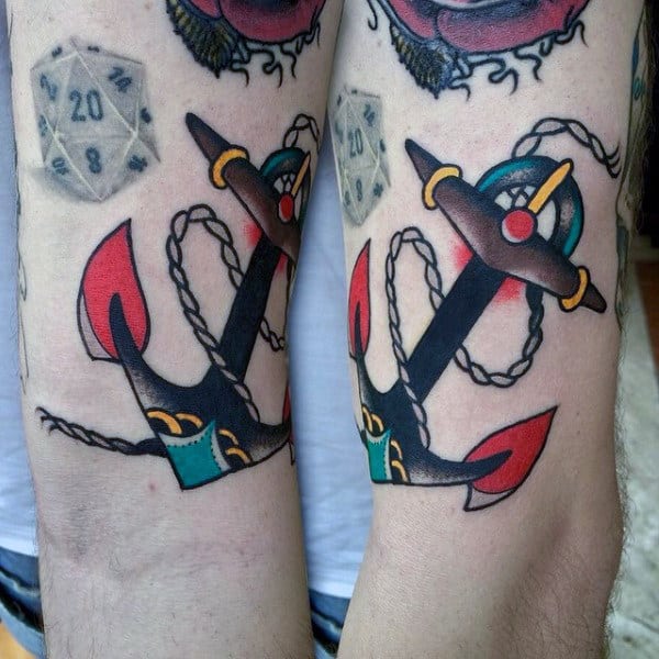 Colorful Male Traditional Anchor Arm Tattoo Inspiration