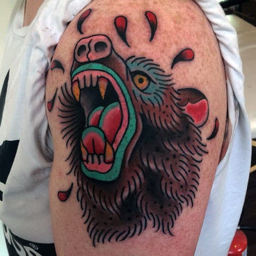 Colorful Male Traditional Bear Upper Arm Tattoo Designs