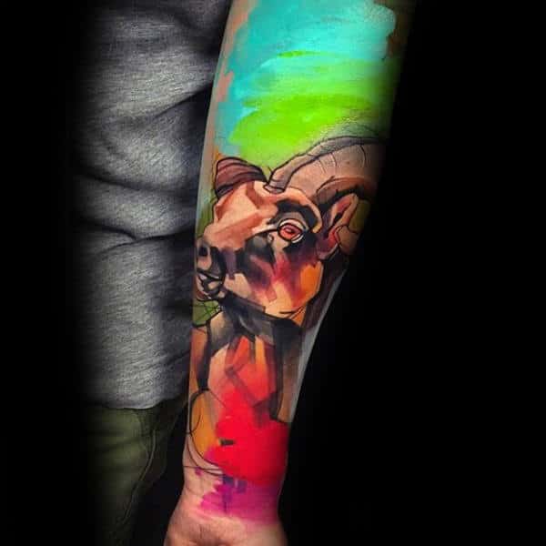 Colorful Male Watercolor Goat Tattoo Sleeve On Forearm