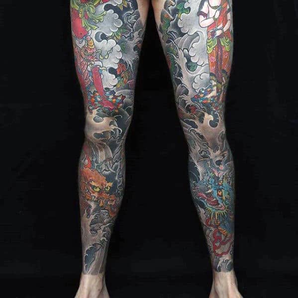 Colorful Mens Amazing Japanese Dragon Leg Sleeve Tattoo Ideas