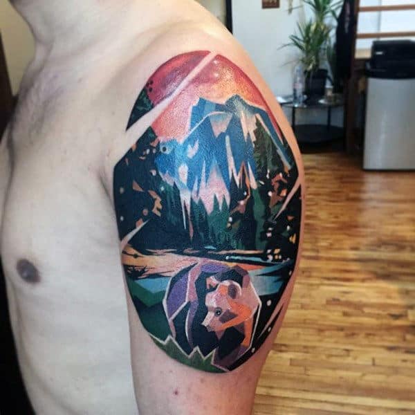 Colorful Mens Arm Geometric Bear Tattoo Design Ideas