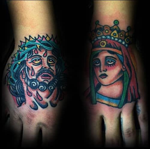 Colorful Mens Artistic Traditional Jesus Christ Hand Tattoos