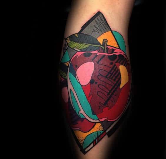 Colorful Mens Back Of Leg Calf Apple Tattoo Ideas