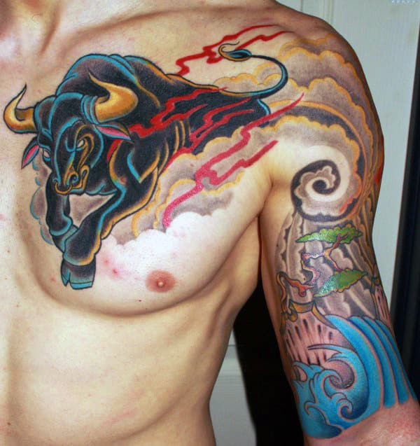 Colorful Men's Bull Tattoo On Chest