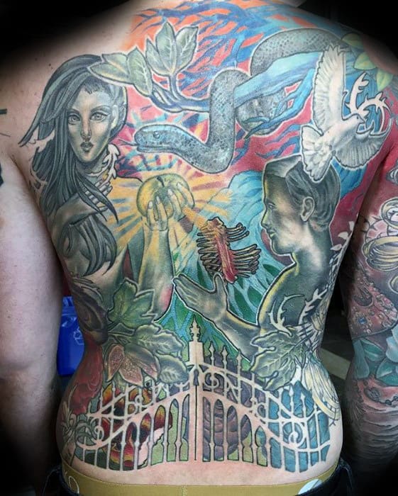 Colorful Mens Catholic Themed Full Back Tattoos