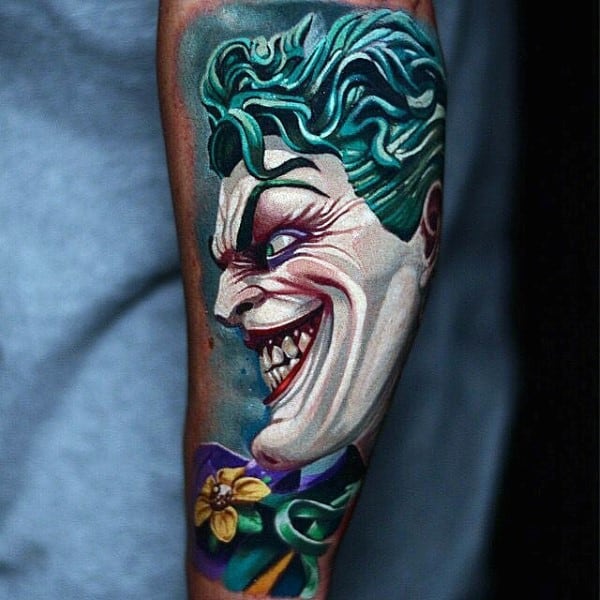 Colorful Mens Creative Joker Leg Tattoo Ideas