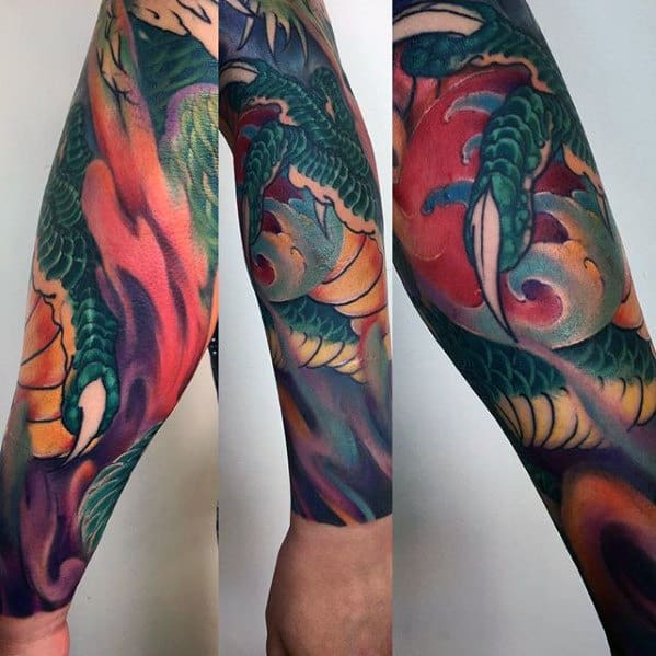 Colorful Mens Dragon Forearm Sleeve Tattoos