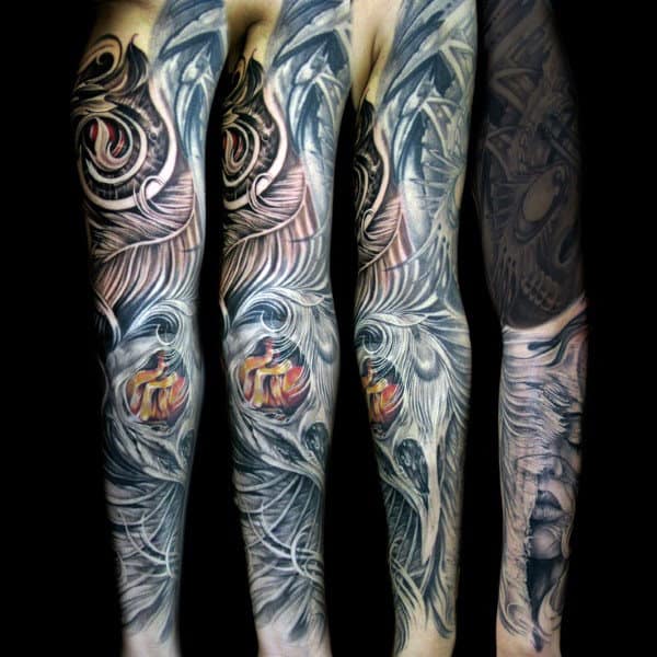 Colorful Mens Feather Sleeve Tattoo Design