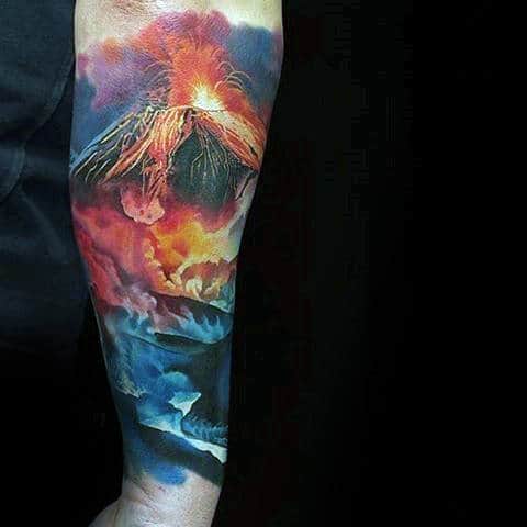 Colorful Mens Forearm Sleev Volcano Tattoo Design Ideas