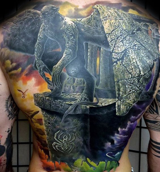 Colorful Mens Full Bag Gargoyle Statue Tattoo Designs