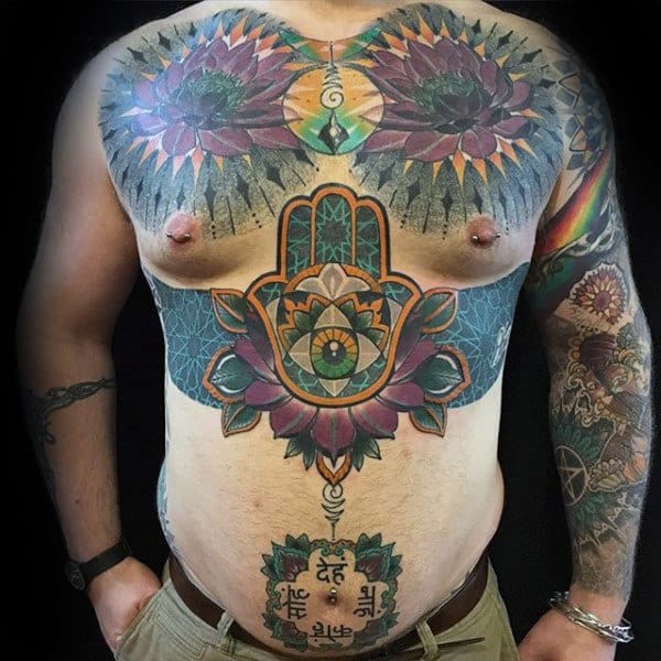 Colorful Mens Hamsa Chest Tattoo Designs