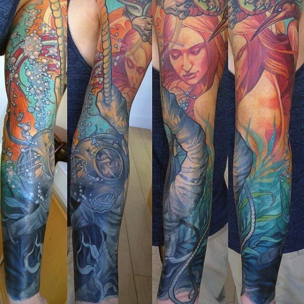 Colorful Mens Mermaid Underwater Themed Full Sleeve Tattoos