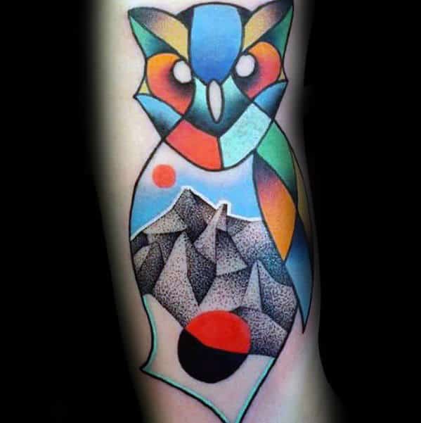 Colorful Mens Mountains With Geometric Owl Tattoo On Arm