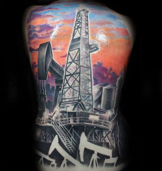 Colorful Mens Oilfield Themed Full Back Tattoos
