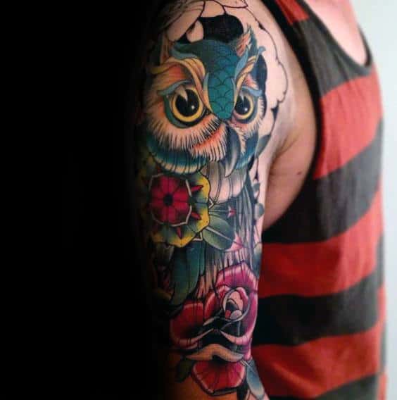Colorful Mens Old School Traditional Owl Rose Flower Sleeve Tattoos