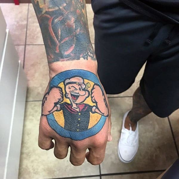 Colorful Mens Popeye Hand Tattoos With Circular Design