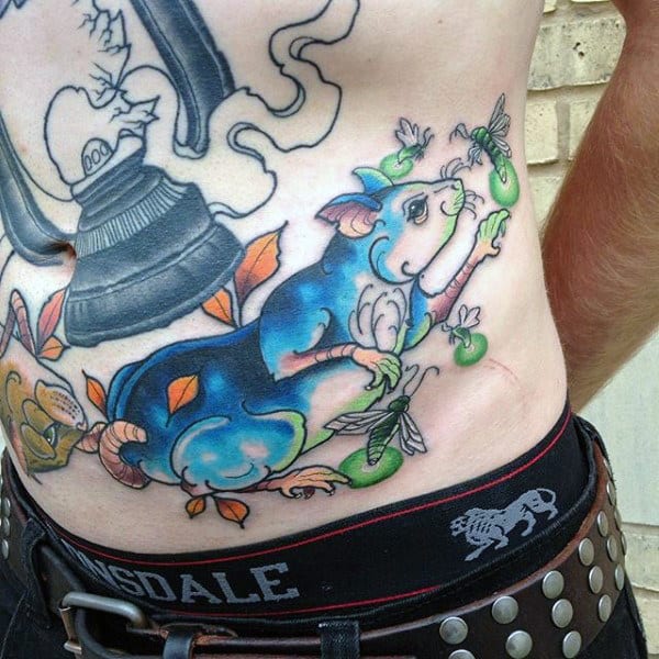 Colorful Mens Rat Stomach Tattoo Designs