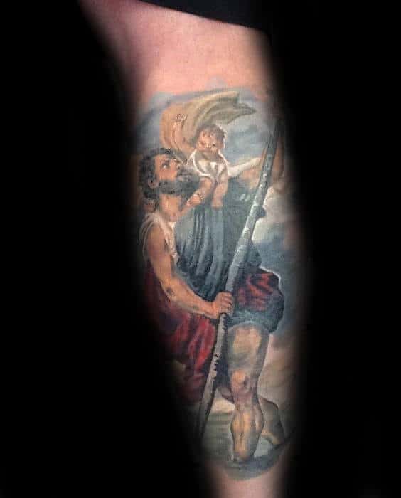Colorful Mens Religious Saint Christopher Leg Sleeve Tattoo